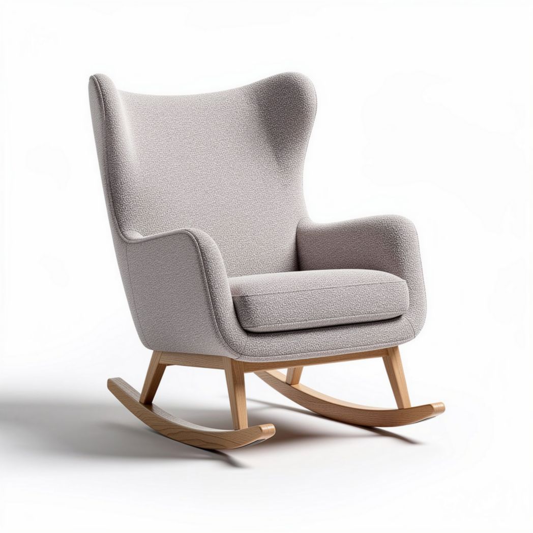Fauteuil à bascule en tissu beige et bois de dimensions 85 x 70 x 100 cm