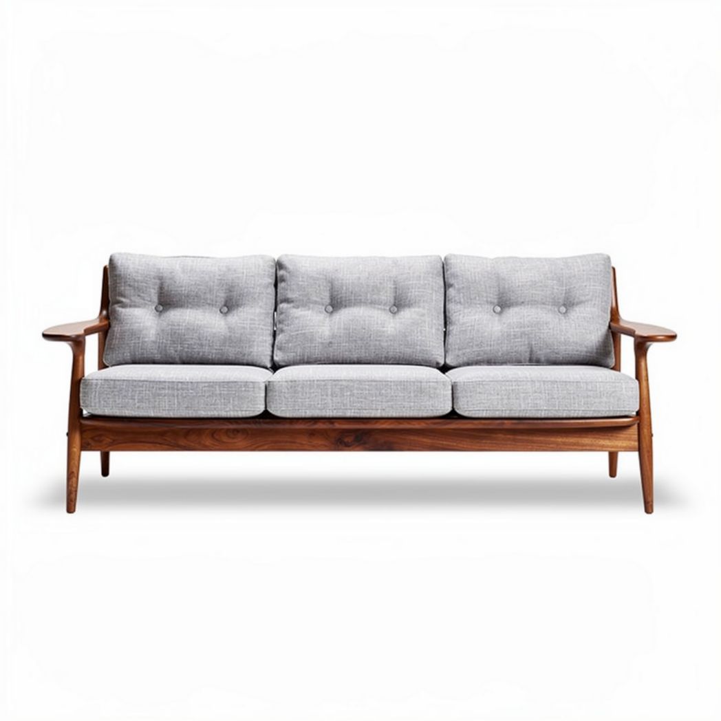 Canapé en bois noyer avec coussins gris dimensions 200 x 90 x 80cm