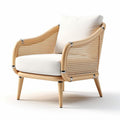 Fauteuil en bois clair avec accoudoirs en rotin et coussin blanc 80 x 70 x 85cm
