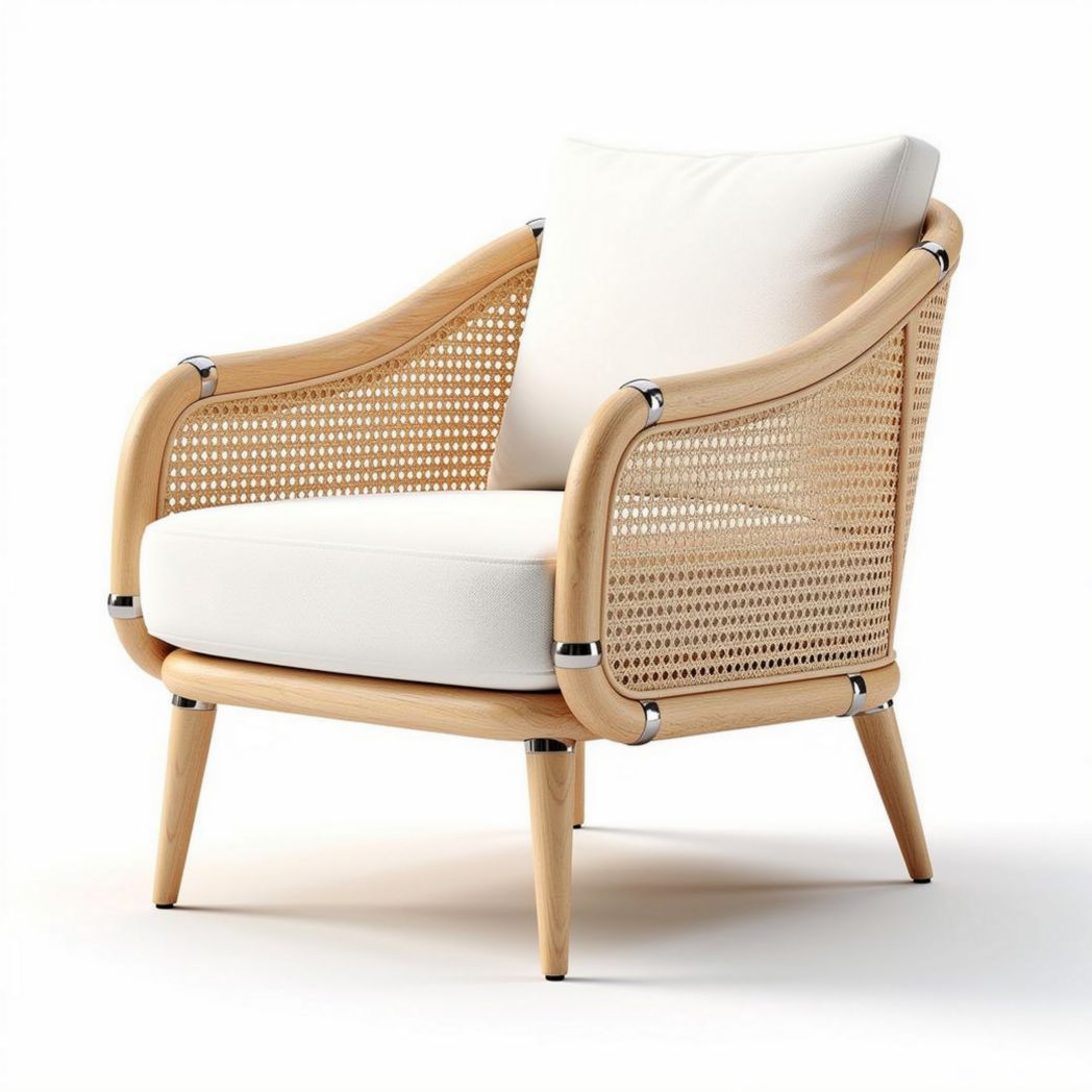 Fauteuil en bois clair avec accoudoirs en rotin et coussin blanc 80 x 70 x 85cm