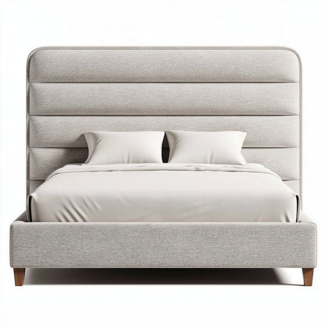 Lit double en textile beige avec tête de lit design moderne 200 x 160 x 100cm