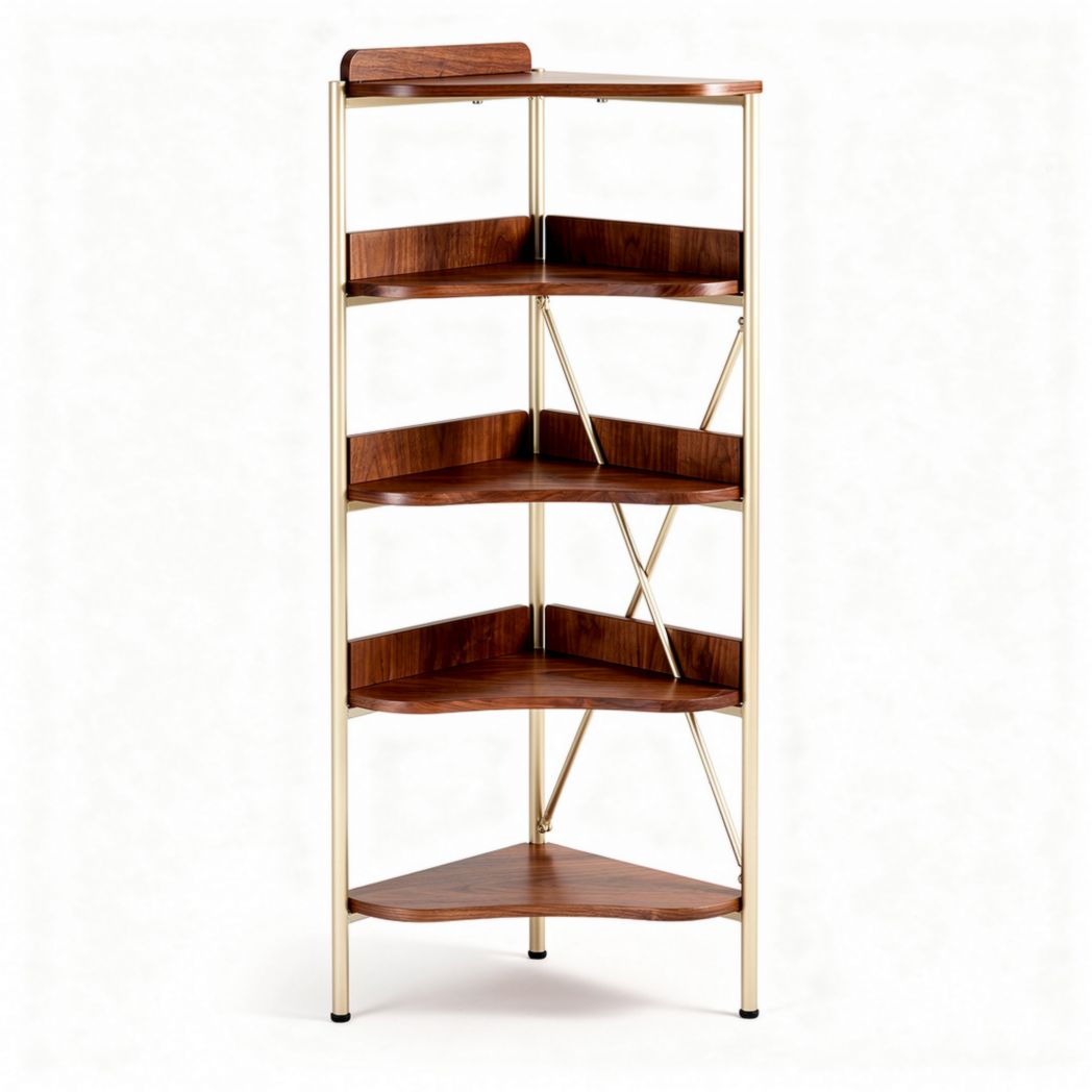 Étagère d'angle en bois avec finition marron et structure en métal doré 80 x 30 x 150cm