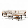 Canapé d'angle en aluminium et tissu beige avec table basse en bois 220 x 90 x 85cm